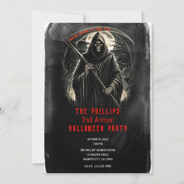Grim Reaper Black Grunge Halloween Costume Party Invitation (Front)