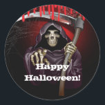 Grim Reaper Bloody Halloween Party Classic Round Sticker<br><div class="desc">customize for your event. The Party Text is removable or can be re-positioned.
Created by Wannapik - Freepik.com</div>