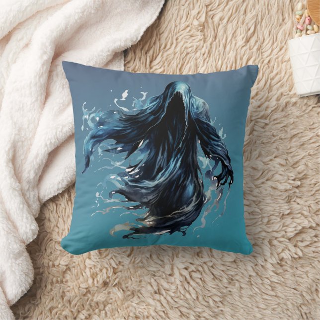 Grim Reaper Blue and Black Creepy Halloween Throw Pillow (Blanket)