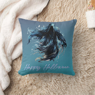 Grim Reaper Blue and Black Happy Halloween Throw Pillow