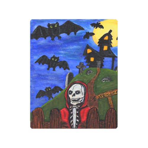 Grim Reaper by Fence Haunted House Cemetery Bats Metal Print