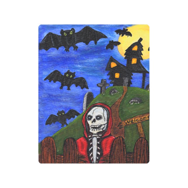 Grim Reaper by Fence Haunted House Cemetery Bats Metal Print (Front)