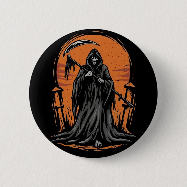Grim Reaper Cartoon in Sunset Graveyard Button (Front)
