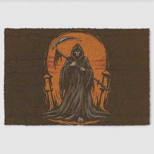 Grim Reaper Cartoon in Sunset Graveyard Fiber Doormat