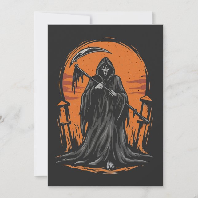 Grim Reaper Cartoon in Sunset Graveyard Invitation (Front)