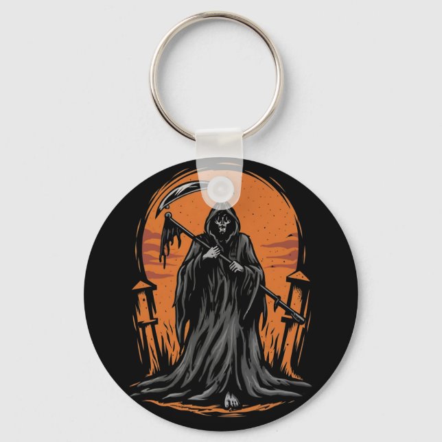 Grim Reaper Cartoon in Sunset Graveyard Keychain (Front)