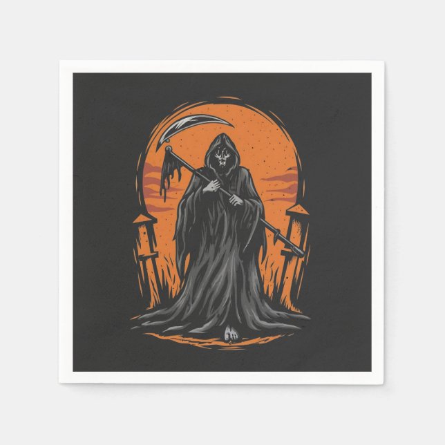 Grim Reaper Cartoon in Sunset Graveyard Napkins (Front)