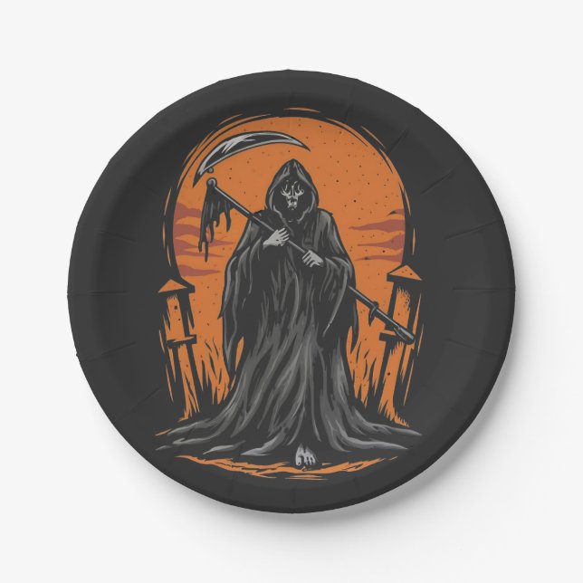 Grim Reaper Cartoon in Sunset Graveyard Paper Plates (Front)