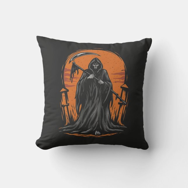 Grim Reaper Cartoon in Sunset Graveyard Throw Pillow (Front)