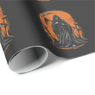 Grim Reaper Cartoon in Sunset Graveyard Wrapping Paper