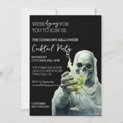 Grim Reaper Cocktail Halloween Party Watercolor Invitation
