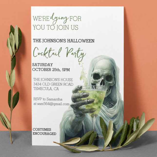 Grim Reaper Cocktail Halloween Party Watercolor Invitation (Creator Uploaded)