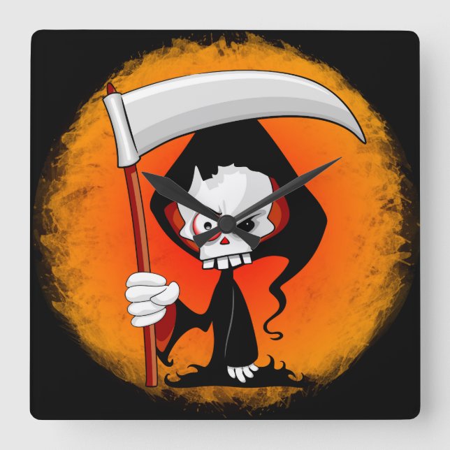 Grim Reaper Creepy Funny Cartoon Square Wall Clock (Front)