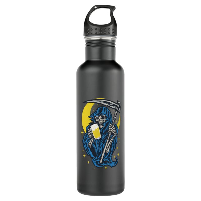 Grim Reaper Drinking Beer Stainless Steel Water Bottle (Front)