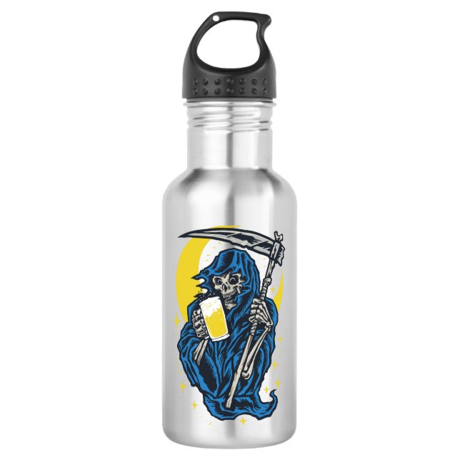 Grim Reaper Drinking Beer Stainless Steel Water Bottle (Front)