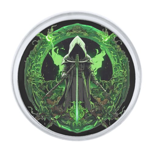 Grim Reaper Emblem In Green6 Silver Finish Lapel Pin
