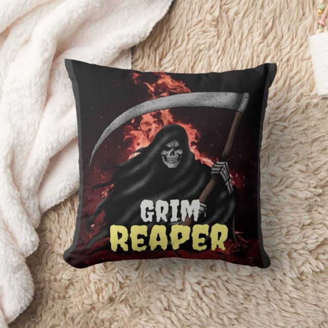 Grim Reaper Fire Inferno Halloween Custom QR Code Throw Pillow (Creator Uploaded)