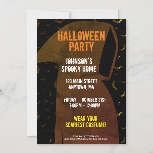 Grim Reaper Flying Bats Halloween Invitation (Front)