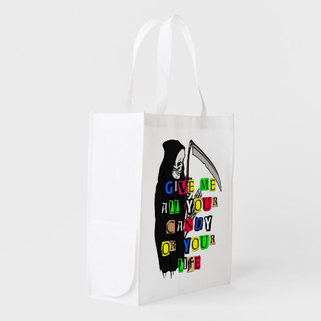 Grim Reaper Give Candy Ransom Note Reusable Grocery Bag (Front Side)