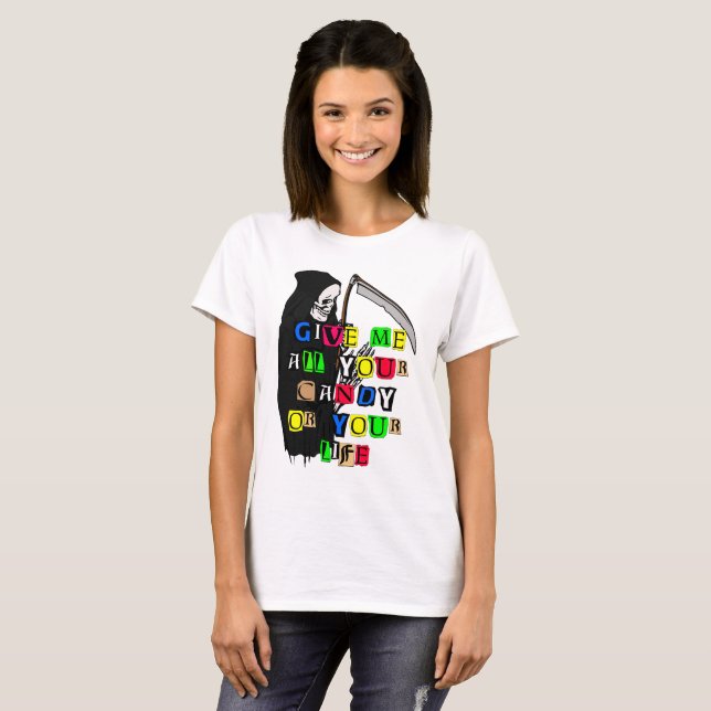 Grim Reaper Give Me Candy Ransom Note Womens T-Shirt (Front Full)
