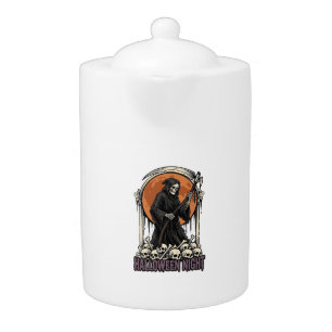 Grim Reaper Halloween Vintage Engraving White Shir Teapot
