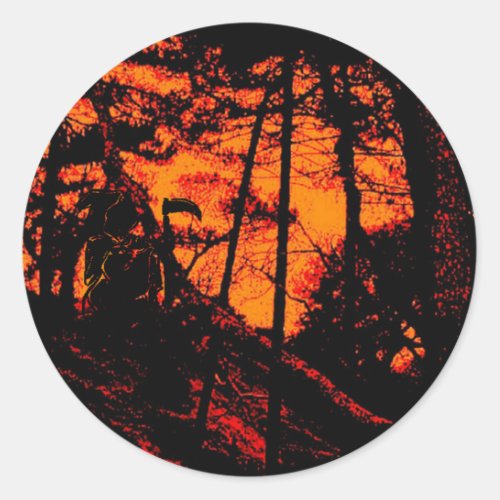 Grim Reaper in Scary Orange Lit Forest Classic Round Sticker