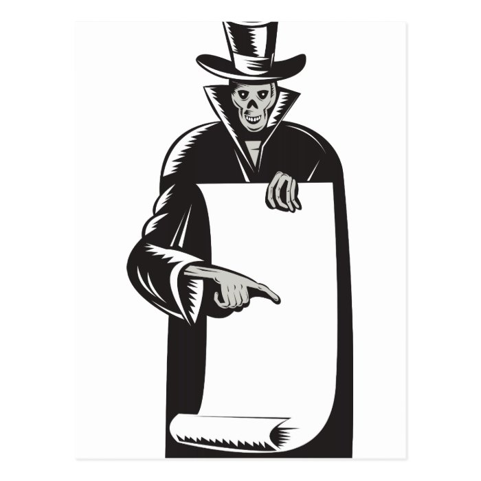 Grim Reaper Paper Pointing Woodcut Postcard