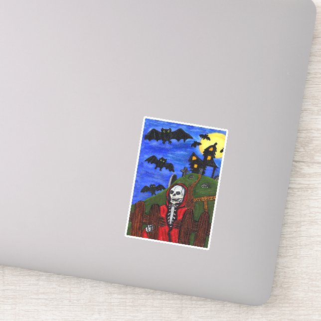 Grim Reaper Red Cape Haunted House Bats Moon Sticker (Detail)