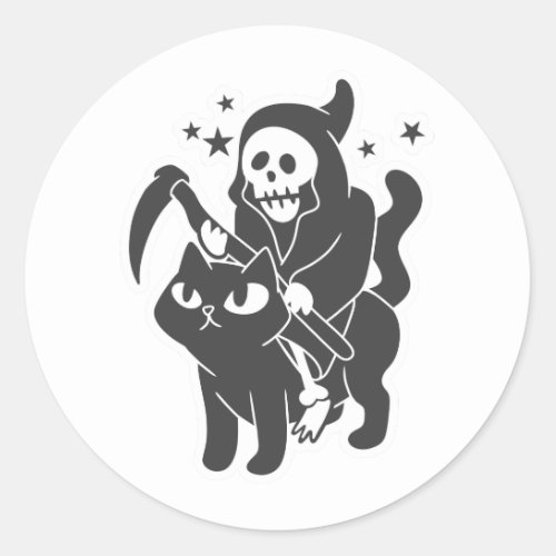 Grim reaper riding a cat _ Choose background color Classic Round Sticker