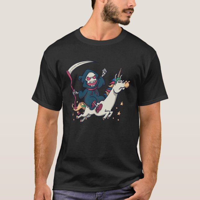 Grim Reaper Riding On A Unicorn Halloween T-Shirt (Front)