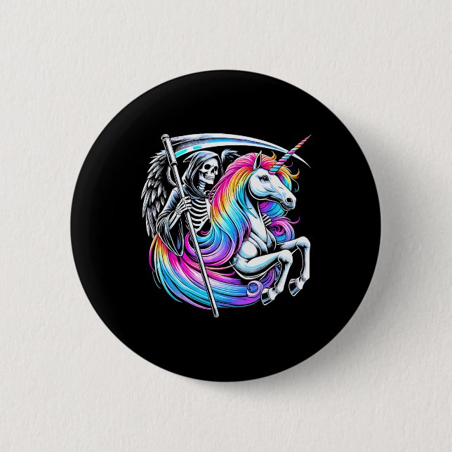 Grim Reaper Riding Unicorn Funny Gothic Pastel Got Button (Front)