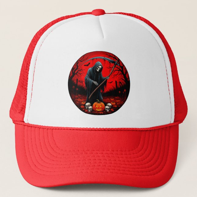 Grim Reaper Scene with Red Background Trucker Hat (Front)