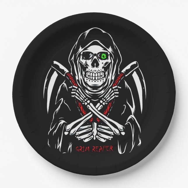 Grim Reaper Scythe Death Skeleton Bones Halloween  Paper Plates (Front)