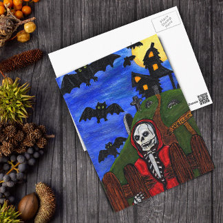 Grim Reaper Skeleton Bats Cemetery Postcard