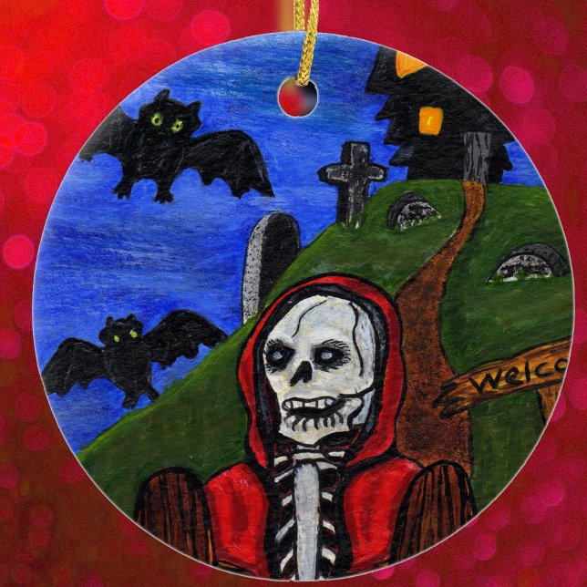 Grim Reaper Skeleton Bats Tombstones Black House Ceramic Ornament (Skeleton Hooded red cap haunted house on hill bats cemetery on Halloween hanging ornament.)