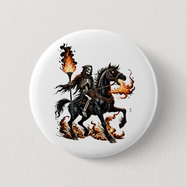 Grim Reaper Skeleton Riding Horse Flames Button (Front)