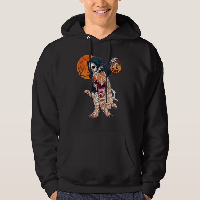 Grim reaper Skeleton Riding Mummy Dinosaur rex Hal Hoodie (Front)