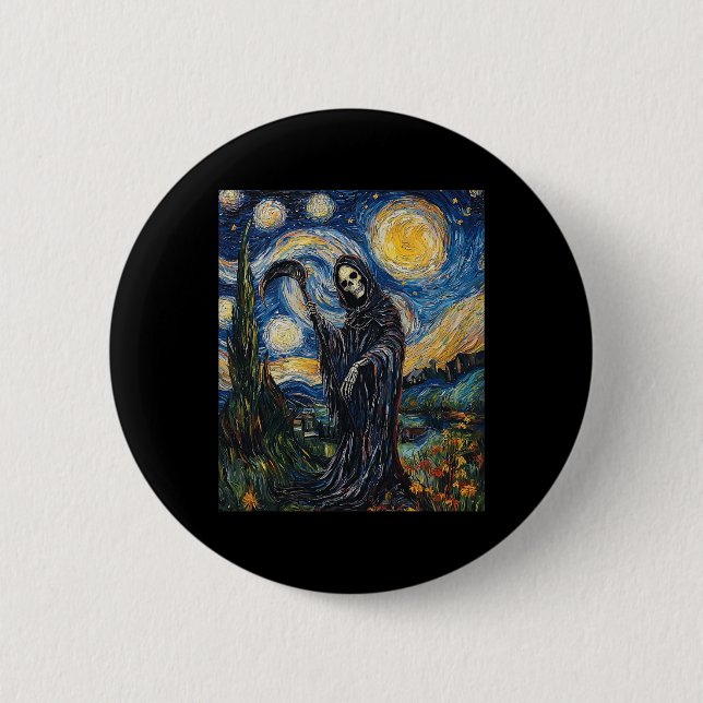 Grim Reaper Skeleton - Van Gogh Style - Starry Nig Button (Front)