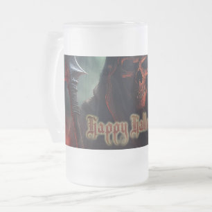 Grim Reaper Skull Halloween Spooky Art Frosted Glass Beer Mug