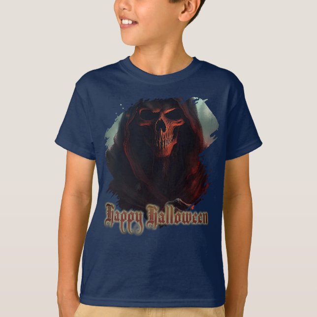 Grim Reaper Skull Halloween Spooky Art T-Shirt (Front)