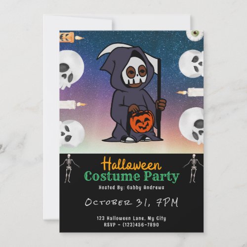 Grim Reaper Skulls and Candles Black Halloween Invitation