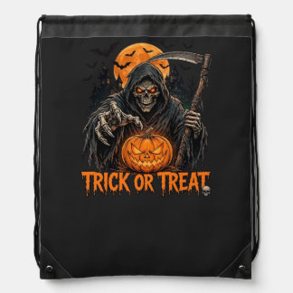 Grim Reaper Trick or Treat Scary Halloween Pumpkin Drawstring Bag