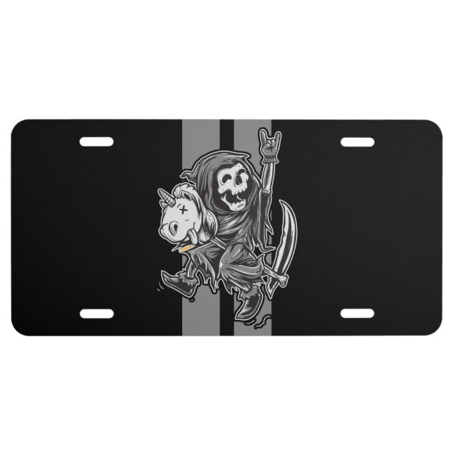 Grim Reaper Unicorn Grey Race Stripes License Plate (Front)