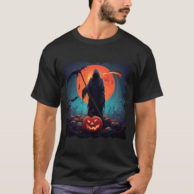Grim Reaper with Halloween Pumpkin and Full Moon T-Shirt (Front)