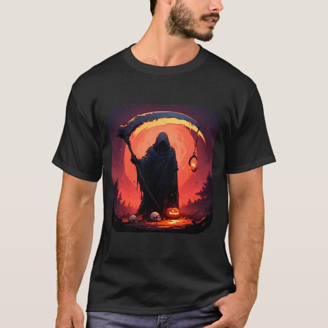 Grim Reaper with Halloween Pumpkin and Full Moon T-Shirt (Front)