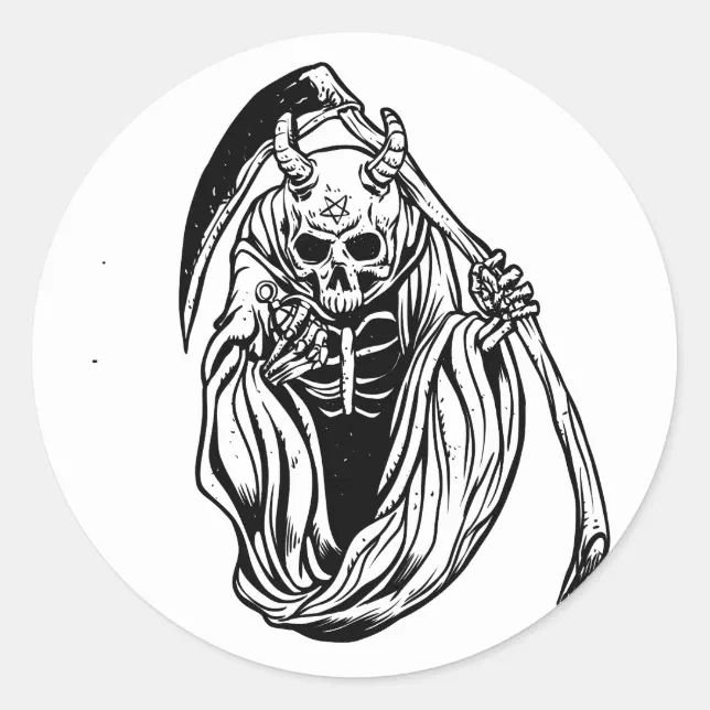 Grim Reaper with horns and grenades Classic Round Sticker | Zazzle