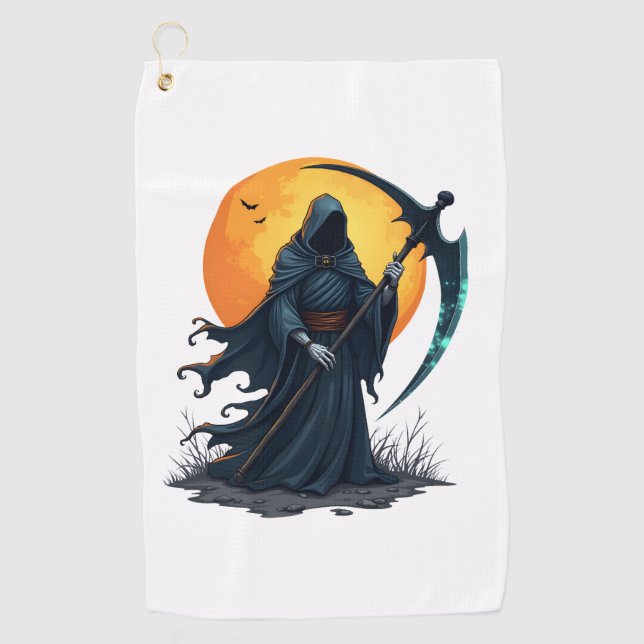 Grim Reaper with Scythe – Scary Halloween Shirt Golf Towel (Front)