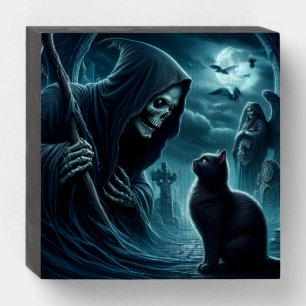 Grim Reeper and Black Cat Wooden Box Sign