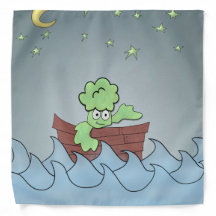 Grimacing Broccoli in a boat at sea the night