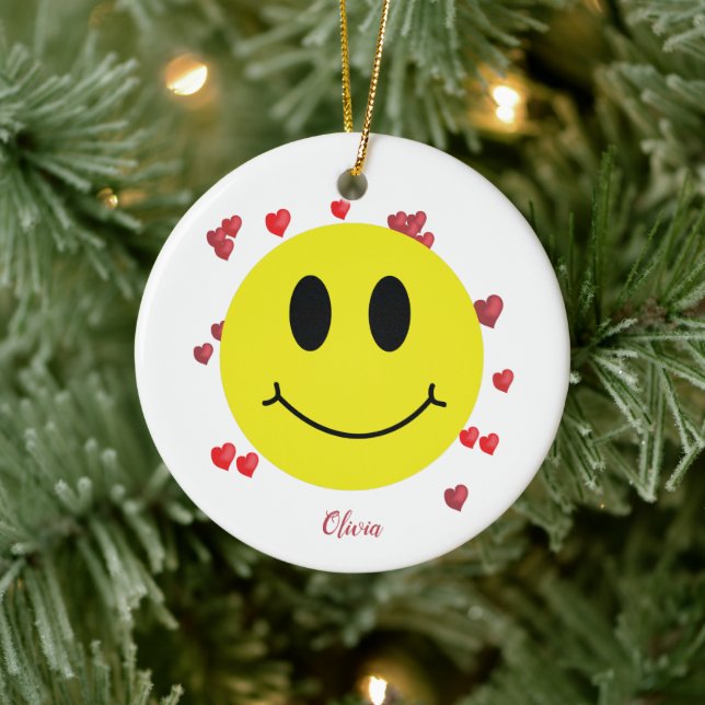 Grin Face with Red Hearts Personalized   Ceramic Ornament (Tree)